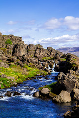 Fototapeta na wymiar Rocks and a river in the national park. Thingvellir in Iceland 12.06,2017