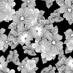 abstract seamless pattern of flowers on a black background. For design of cards, invitations, greeting birthday, party, wedding, Valentine's day. On textiles, Wallpaper.