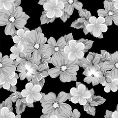 abstract seamless pattern of flowers on a black background. For design of cards, invitations, greeting birthday, party, wedding, Valentine's day. On textiles, Wallpaper.