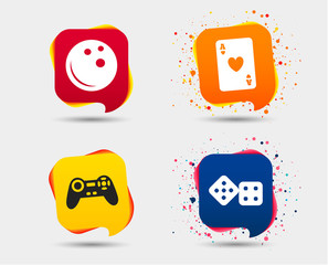 Bowling and Casino icons. Video game joystick and playing card with dice symbols. Entertainment signs. Speech bubbles or chat symbols. Colored elements. Vector