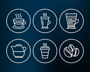 Set of Latte, Coffee cup and Frappe icons. Takeaway, Milk jug and Coffee-berry beans signs. Tea glass mug, Tea mug, Cold drink. Takeout coffee, Fresh drink.  Editable stroke. Vector