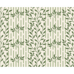 Seamless light background with green leaves, design for packaging in trendy linear style. Ideal for printing on fabric or paper. Vector illustration.