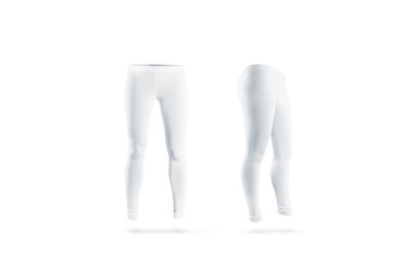 Blank white leggings mockup, front and side view, isolated. Clear leggins mock up template. Cloth pants design presentation. Sport pantaloons stretch tights model wearing.