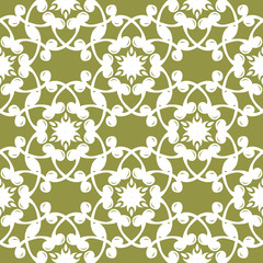 White floral seamless pattern on olive green background