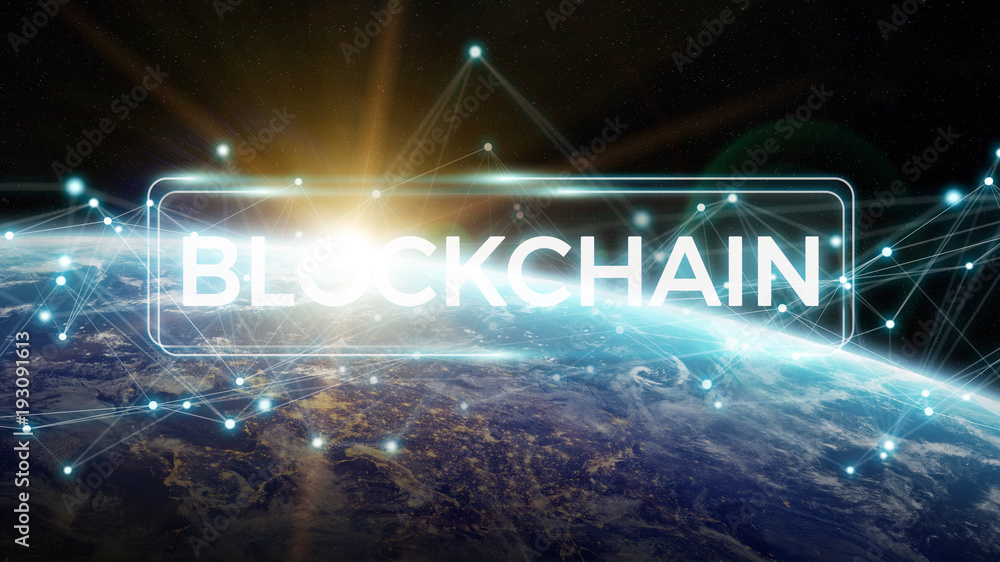 Poster blockchain on planet earth 3d rendering