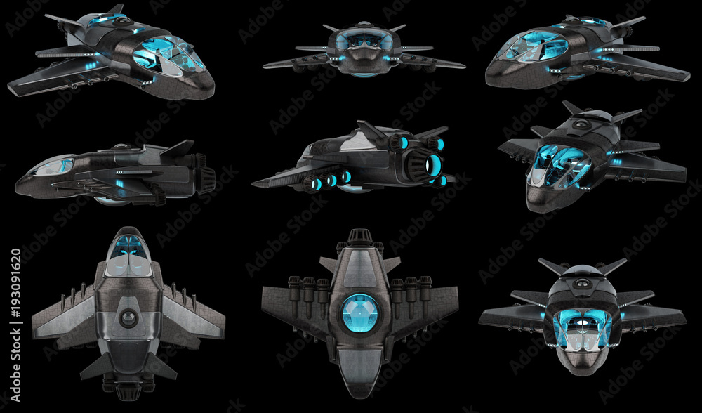 Aufkleber futuristic spacecraft collection isolated on black background 3d rendering