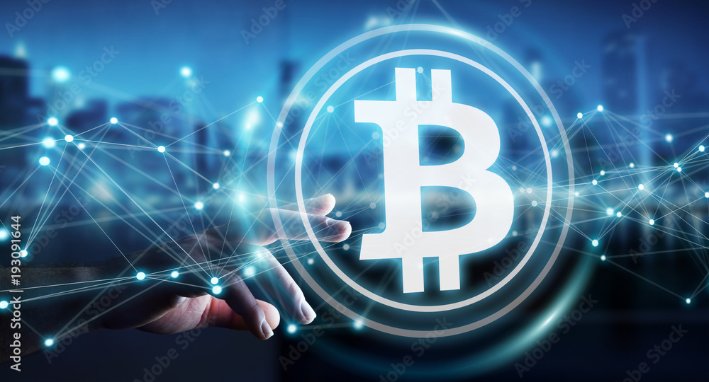 Poster businessman using bitcoins cryptocurrency 3d rendering