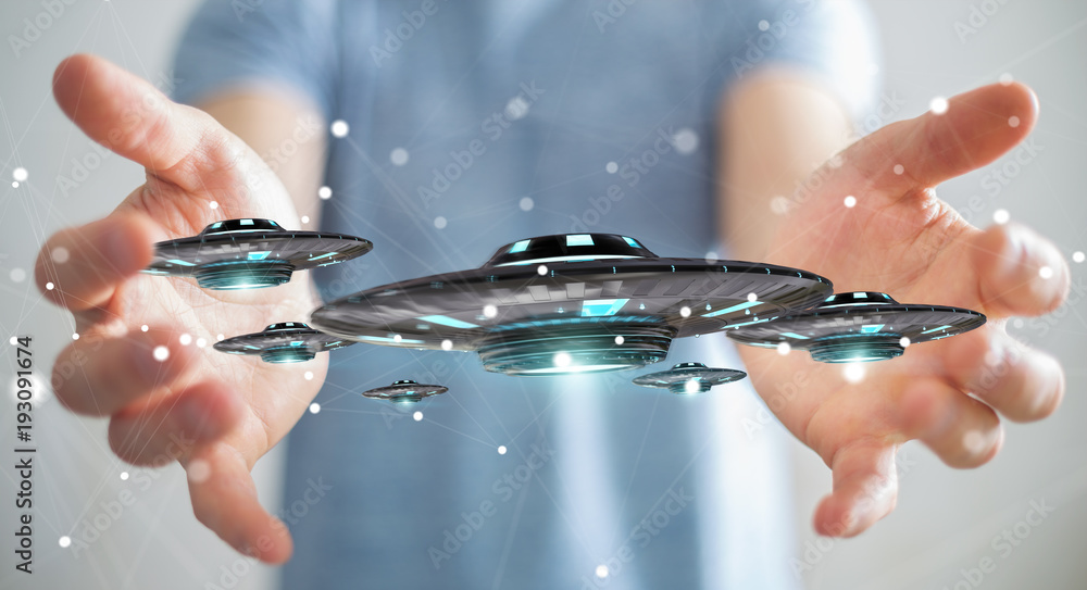 Poster businessman with retro ufo spaceship 3d rendering