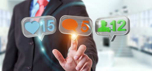 Businessman using digital colorful social media icons 3D rendering