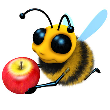 3d Funny cartoon honey bee character holding a juicy apple