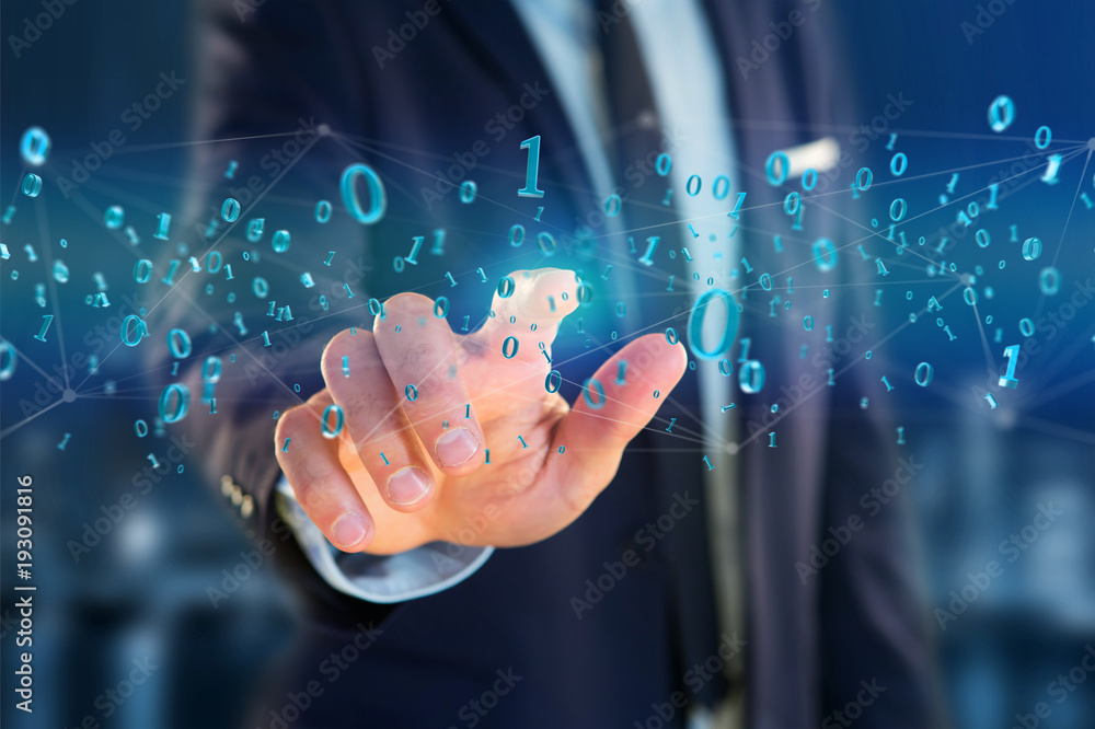 Poster network connection of data with 0 and 1 number - 3d render