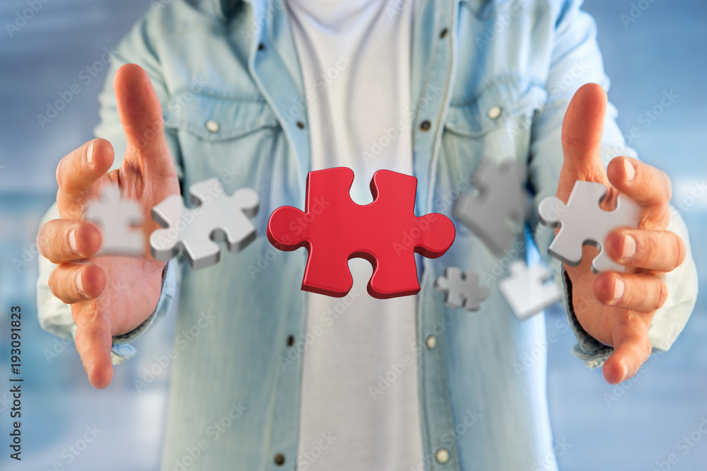 Poster Puzzle pieces on a futuristic interface - 3d rendering