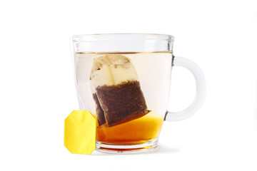 Packaged tea in a glass cup