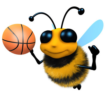 3d Funny cartoon honey bee character playing basketball