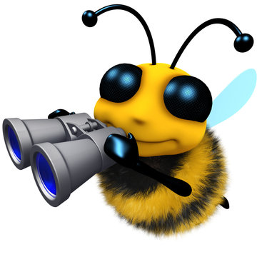 3d Funny cartoon honey bee character looking through binoculars