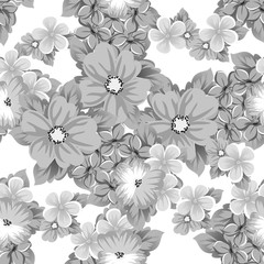 abstract seamless black and white pattern of flowers. For design of cards, invitations, greeting for birthday, Valentine's Day, wedding, party, celebration.