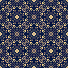 Golden floral element on dark blue background. Seamless pattern