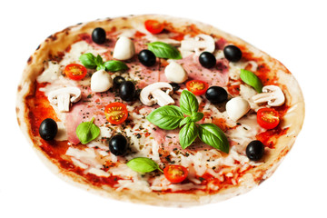 Delicious italian  Pizza with ham, pepper and olives isolated on white background.