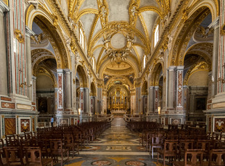 Main nave and altar Inside the Basilica Cathedral at Monte Cassino Abbey. Italy