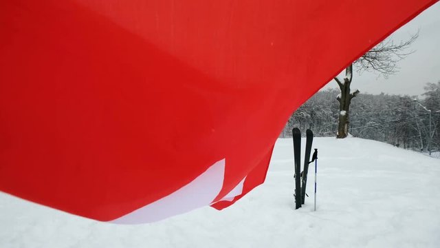 National flag of Switzerland waving in the wind with blurred mountains in the background