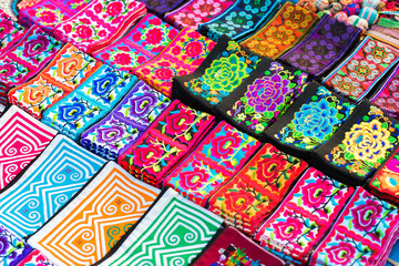 Multicolored fabric close-up in Luang Prabang, Laos.