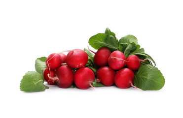 Fresh red radishes with leaves isolated on white background, raphanus raphanistrum, sativus
