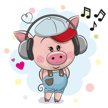 Cute cartoon Pig with headphones