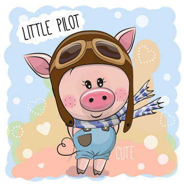 Cute Pig in a pilot hat