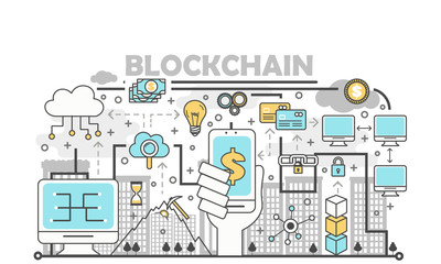 Blockchain technology process concept vector illustration in flat linear style