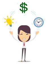 Flat design vector illustration of young business woman shows converting of idea into money. Time management