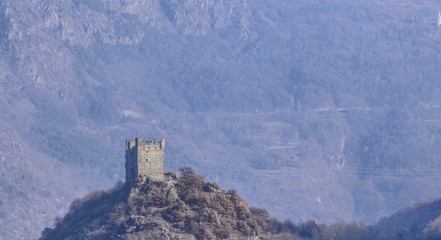 Ussel fraction of Chatillon, Valle d'Aosta, Italy 11 February 2018. Shot taken from the valley, near the castle of Gamba towards the castle of Ussel.