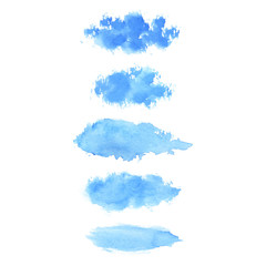 Set of hand painted blue vector watercolor brush stroke textures for your design. Isolated on the white background.