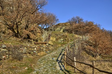 Ussel fraction of Chatillon, Valle d'Aosta, Italy 11 February 2018. The path leading to the castle...
