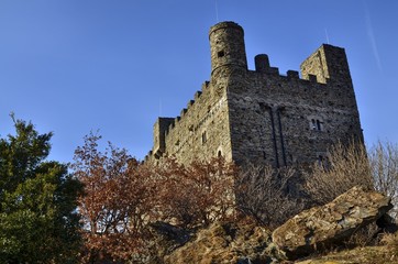 Ussel fraction of Chatillon, Valle d'Aosta, Italy 11 February 2018. The castle photographed from...