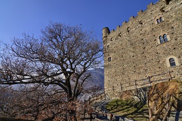 Ussel fraction of Chatillon, Valle d'Aosta, Italy 11 February 2018. The castle photographed from...