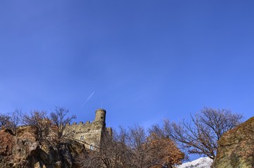 Ussel fraction of Chatillon, Valle d'Aosta, Italy 11 February 2018. The castle photographed from...