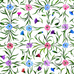 Small beautiful flowers with leaves on white background. Bright cornflowers in check seamless pattern. Watercolor painting. Hand drawn illustration.