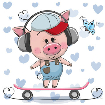 Cute Cartoon Piggy with skateboard