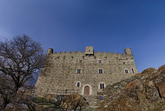 Ussel fraction of Chatillon, Valle d'Aosta, Italy 11 February 2018. Large format photo of the castle facade, entrance side.