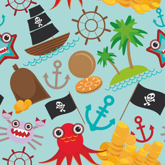 Marine seamless pirate pattern on light blue background. pirate boat with sail, gold coins crab octopus starfish island with palm trees anchor compass anchor helm treasures. Vector