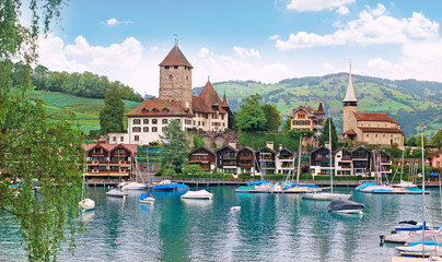 view of the lake in the town of Spiez in Switzerland, the cityscape