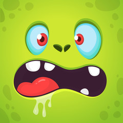 Cool Cartoon Green Monster Face. Vector Halloween illustration of scary zombie monster