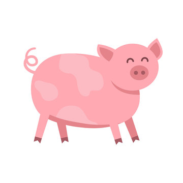 Funny pig vector flat illustration isolated on white background. Cute farm animal piggy icon cartoon character.