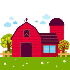Background with a farmhouse, a barn and orchard trees. Vector illustration