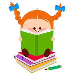 A happy child sitting on a stack of books and reading. Vector illustration