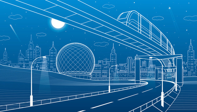 Monorail railway. Illuminated highway. Transportation urban illustration. Skyline modern city at background. Night town. White lines on blue background. Vector design art