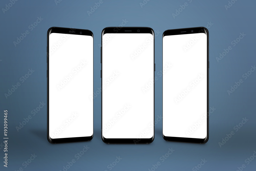 Poster Three modern smartphones with round edges and isolated screen for mockup on blue background.