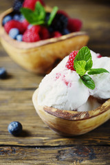 Fresh fruit ice cream with mint on the wooden background