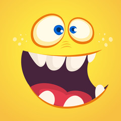Cool cartoon monster face avatar. Vector Halloween excited orange monster with big mouth full of teeth. 
