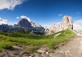 Summer mountain alpine meadow panorama. Cinque Torri, Dolomites Alps, Italy